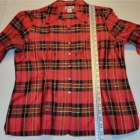 ROBBIE Bee Women's Vintage Silk Tartan Button Down Blouse Red Plaid Christmas - Picture 11 of 11